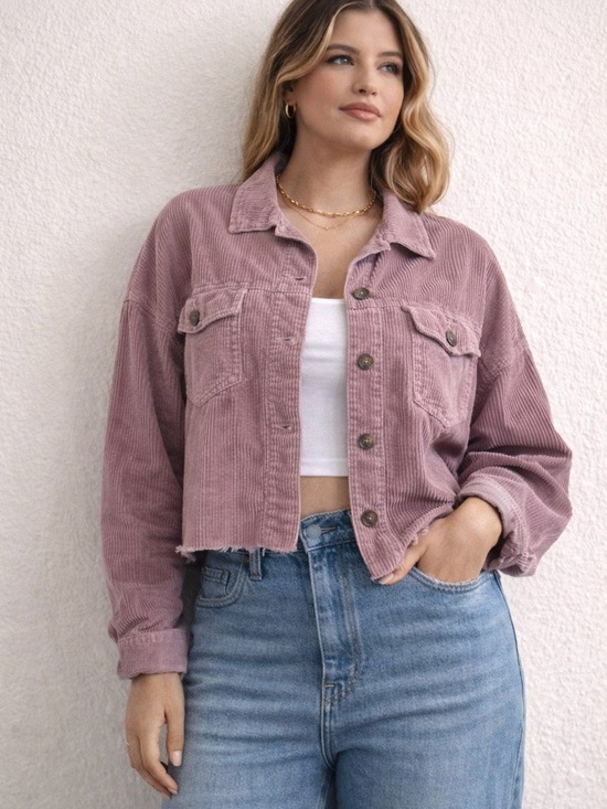 American Eagle Outfitters Tops - American Eagle Cropped Corduroy Shacket Jacket Mauve Pink Raw Hem Medium